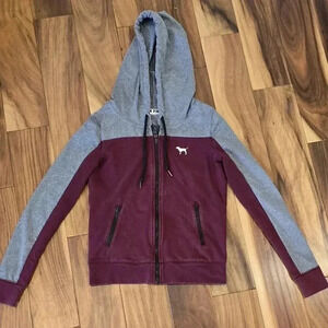 Victoria Secret Pink Full Zip Hooded Jacket Maroon Grey Size Small